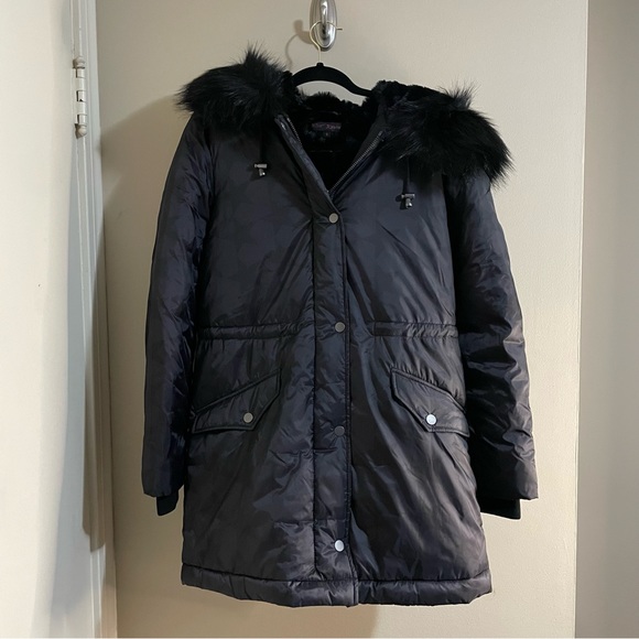 Betsey Johnson Jackets & Blazers - Betsey Johnson Super Star Printed Winter Duffle Coat with Faux Fur Lined Hood